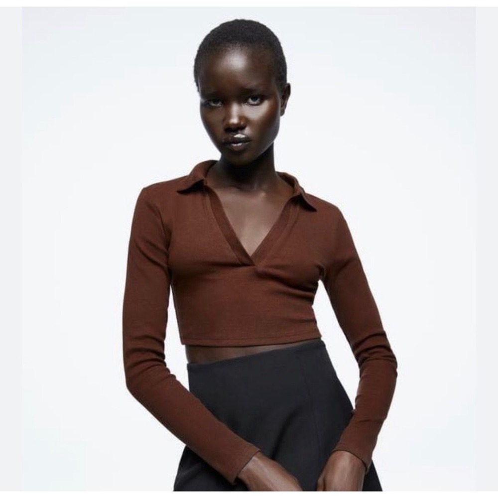 ZARA Brown Ribbed‎ Collared Long Sleeve Crop Top Shirt Women Size S